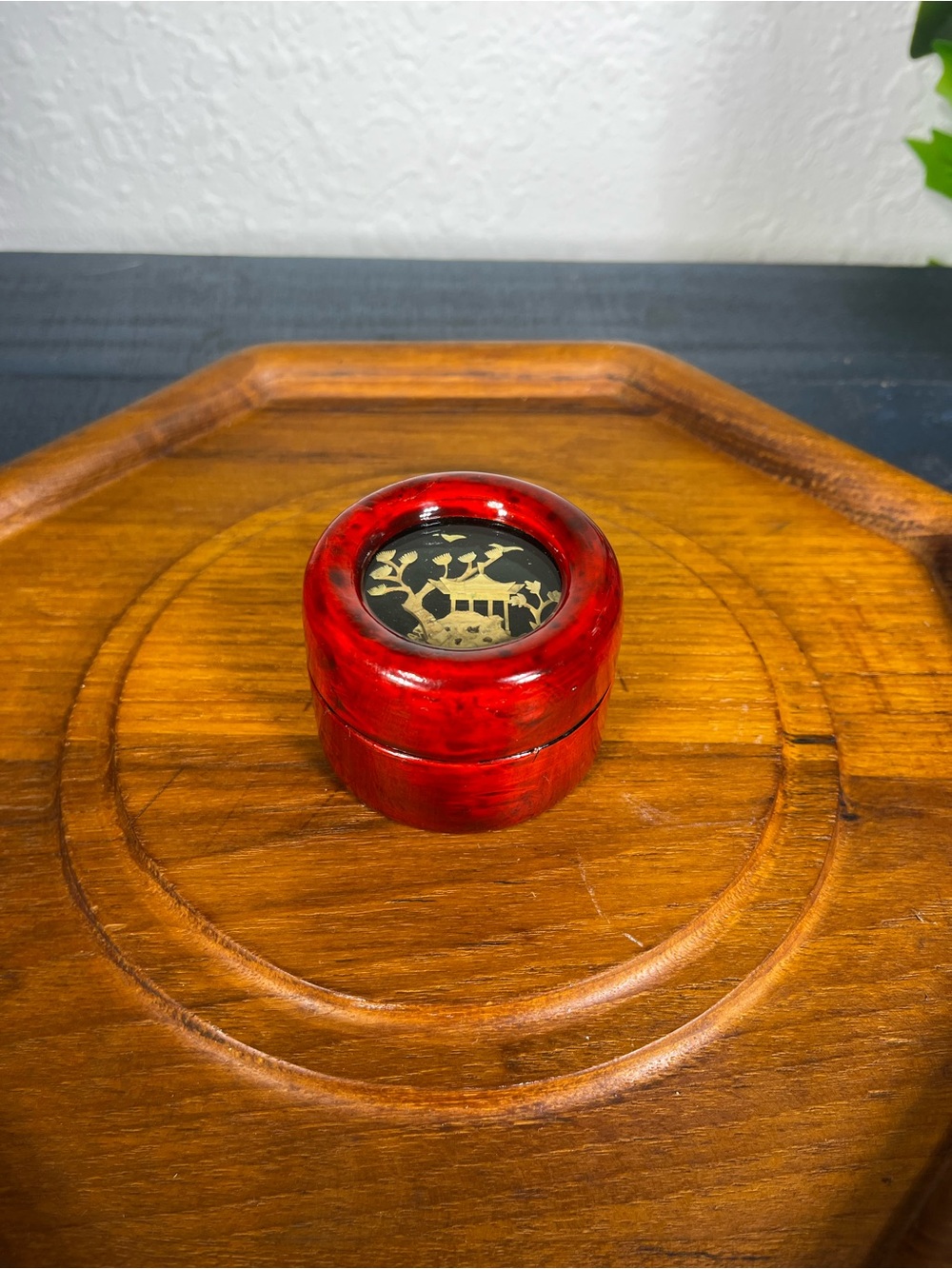 Vtg Cork Art Trinket Box 2.5" Round Red Lacquer Diorama Landscape Satin Lined